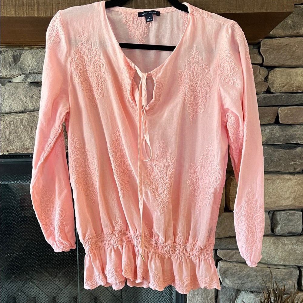 🌷3 Tops for $18 - Tommy Hilfiger Soft Pink Embroidered Tie-Neck Top, Size Lg